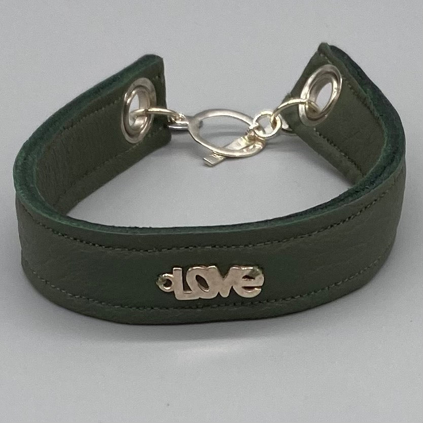 Khaki army green leather and silver 'Love' bracelet