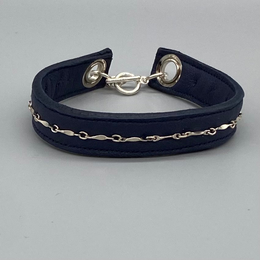 Navy blue leather & sterling silver bracelet