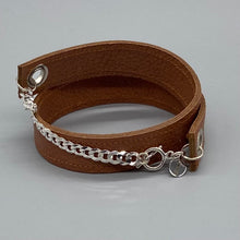 Load image into Gallery viewer, Tan brown leather and sterling silver mens wrap bracelet
