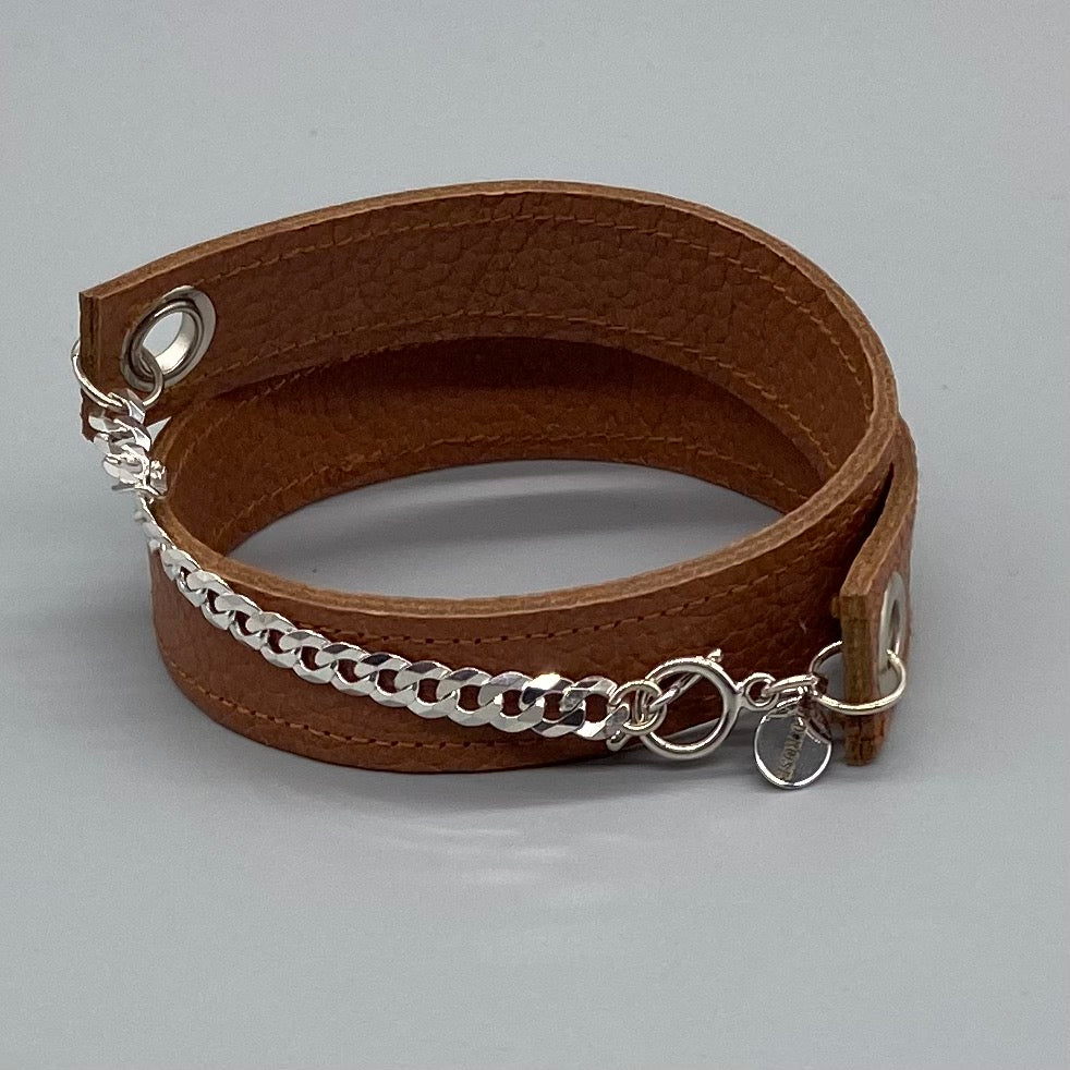 Tan brown leather and sterling silver mens wrap bracelet