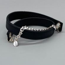 Load image into Gallery viewer, Mens plain black leather and sterling silver wrap bracelet
