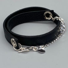 Load image into Gallery viewer, Mens plain black leather and sterling silver wrap bracelet
