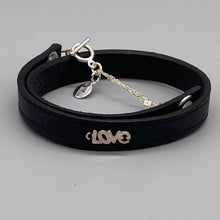 Load image into Gallery viewer, Black leather and sterling silver &#39;Love&#39; wrap bracelet
