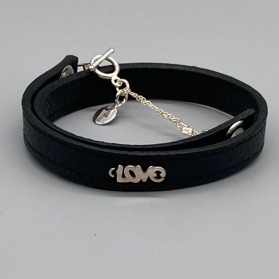 Black leather and sterling silver 'Love' wrap bracelet