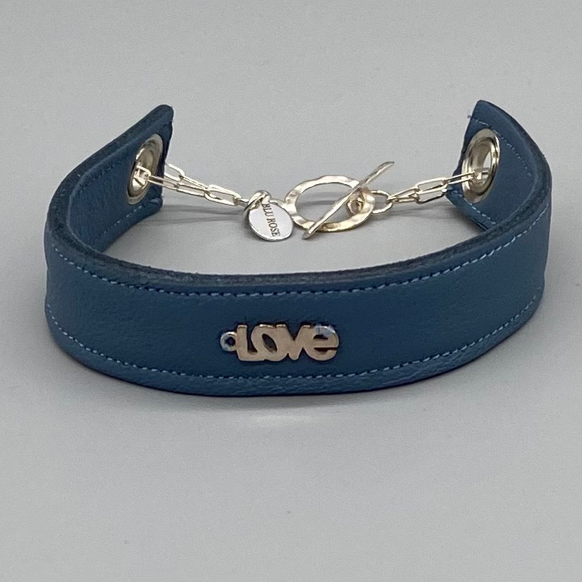 Mens blue leather and sterling silver 'Love' bracelet