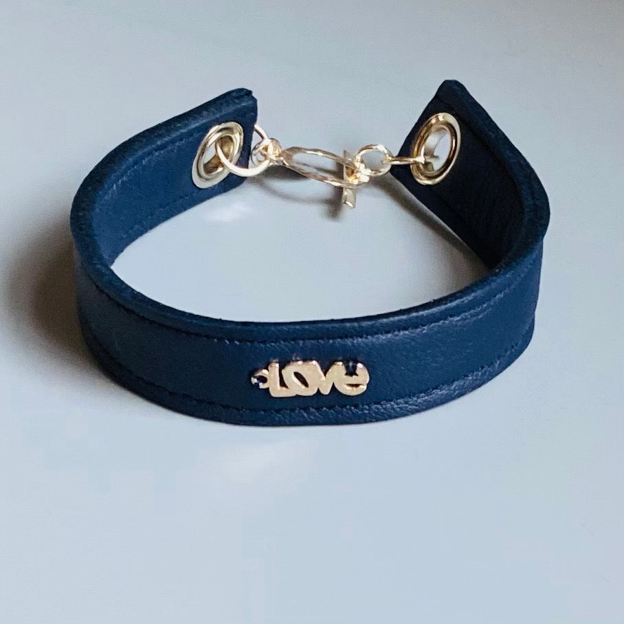 Navy blue leather and sterling silver 'Love' bracelet