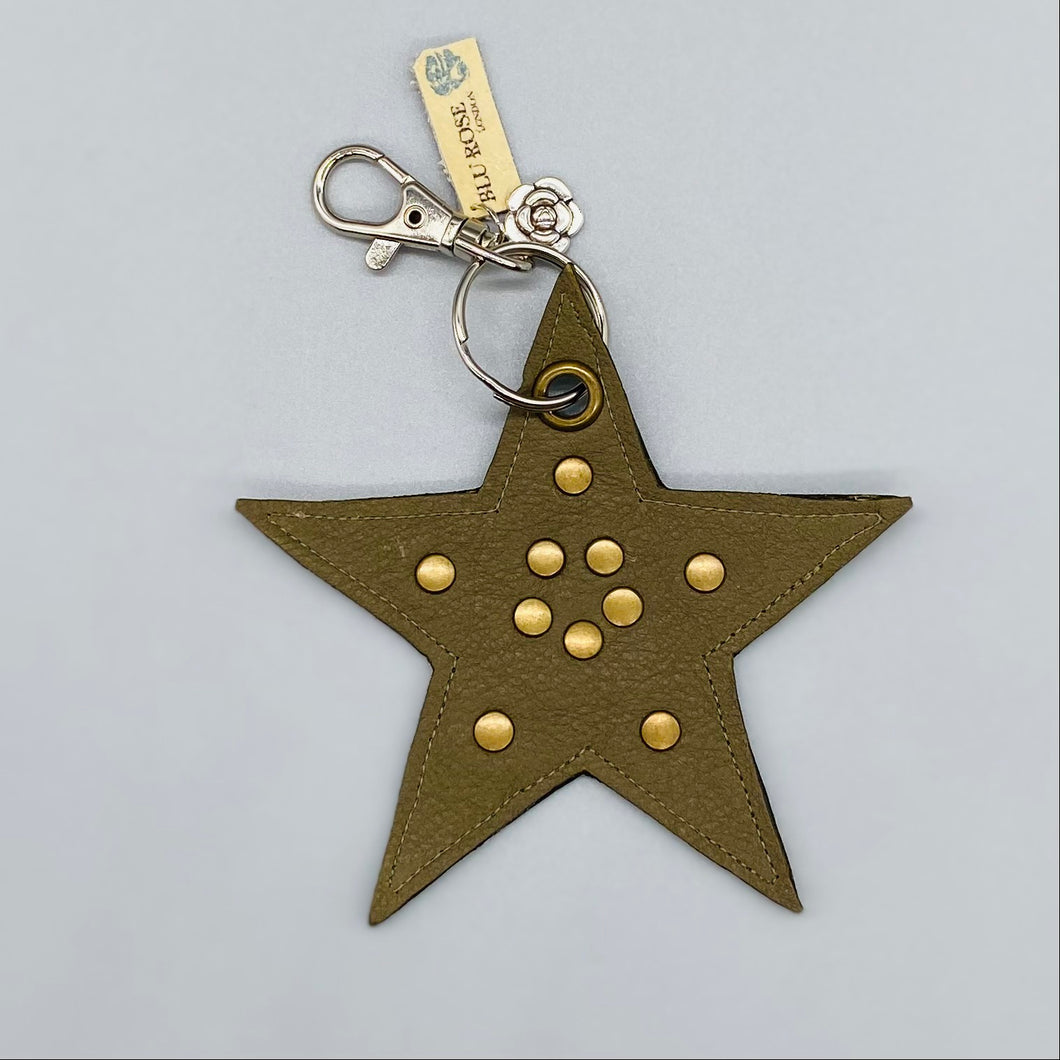 Khaki leather star key/bag charm